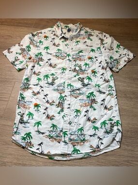 H&M Divided White Tropical Beach Print Short-Sleeve Button-Up Shirt Men’s Small
